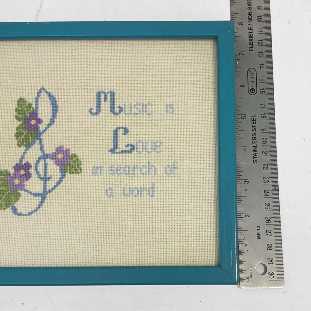 Vintage Finished Cross Stitch Music is Love Blue Framed 9"x8" - Picture 6 of 6
